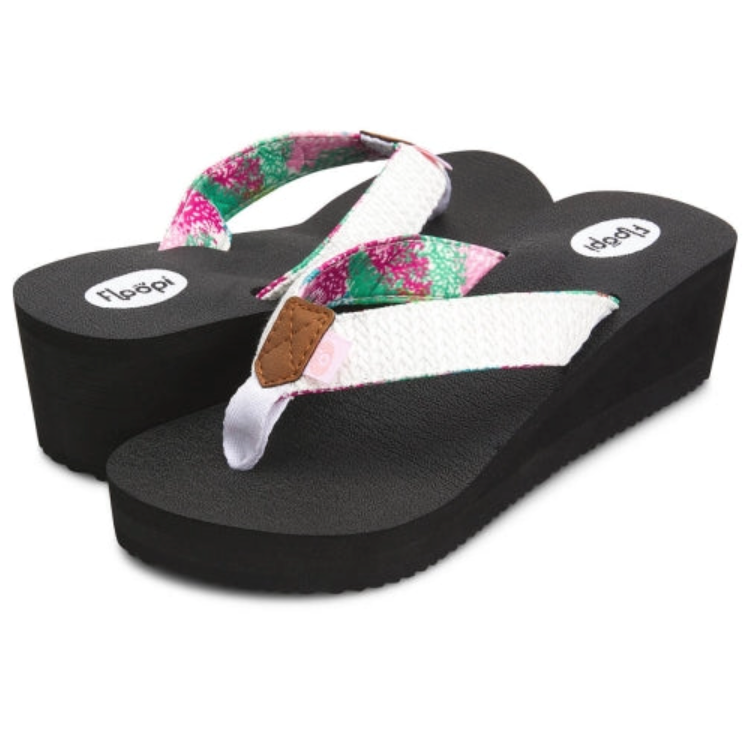 Floopi Womens Anna Wedge Yoga Mat Thong Flip Flop (White/Coral Nature 519)